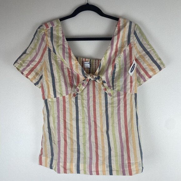 Old Navy Women's Striped Smocked Top Size M NWT Knot Front Multicolor Blouse - Picture 1 of 9